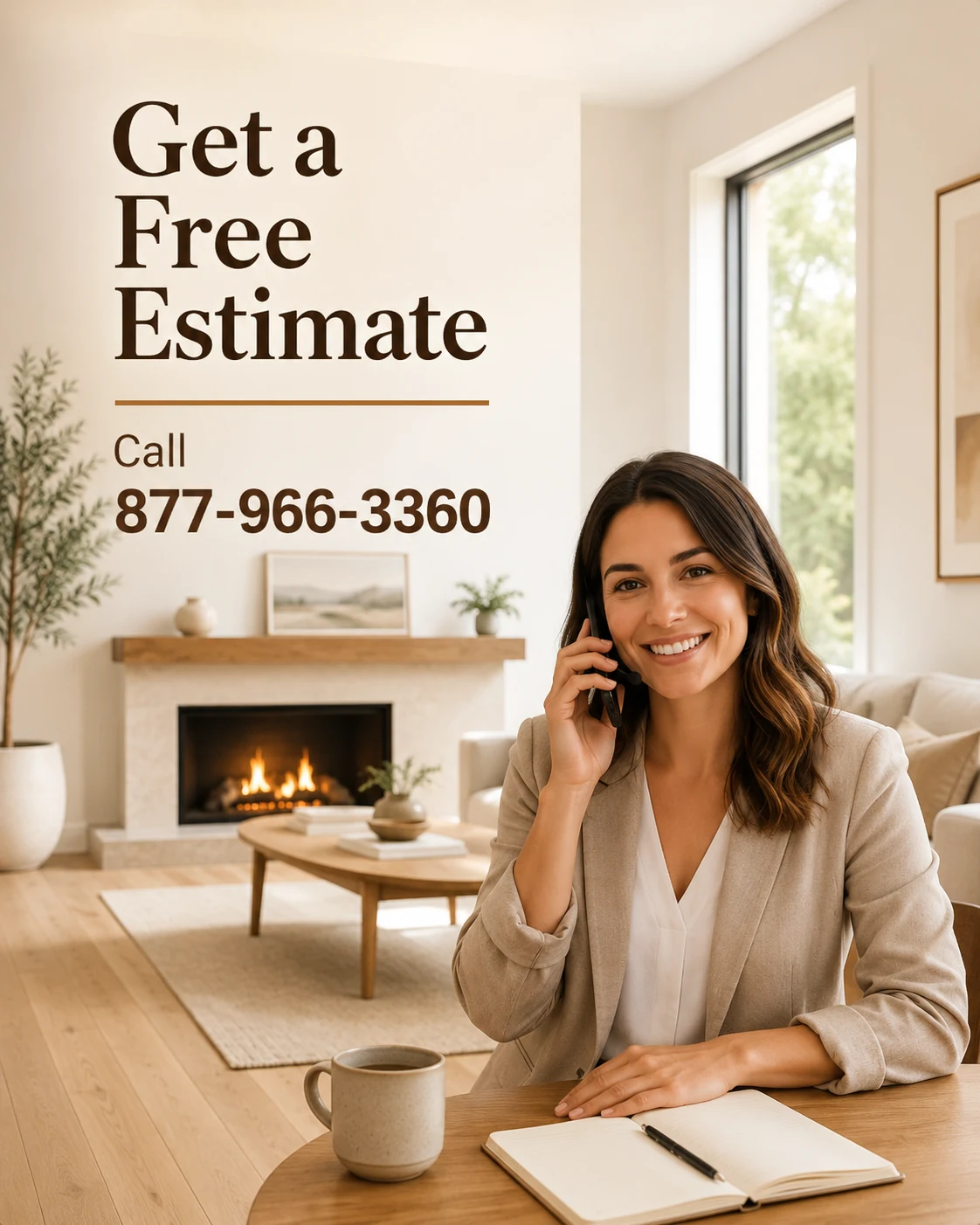 Get a Free Estimate. Call 877-966-3360. A customer service representative in a bright living room with light hardwood floors and a fireplace.